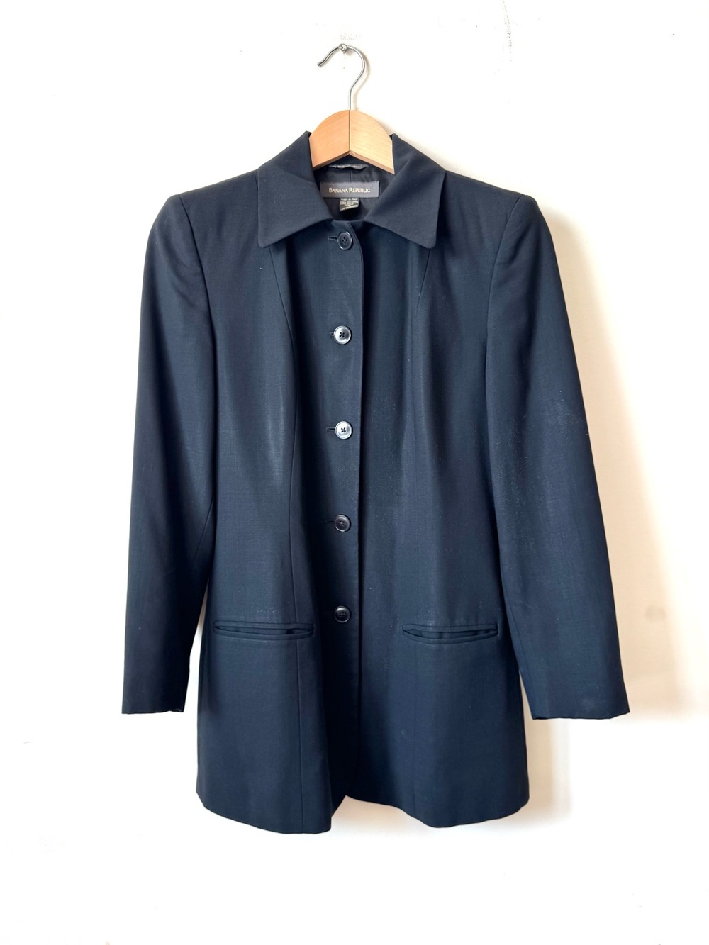 Vintage Banana Republic Sz 2 Made In Italy 100% Wool Black Tailored Blazer